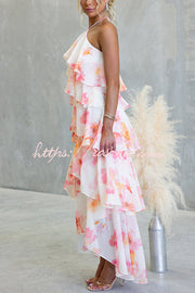 Chiffon Floral Print Halter Maxi Dress with Tiered Ruffles