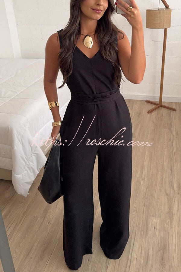 Linen Blend Wide-Leg Jumpsuit with V-Neck & Tie Waist