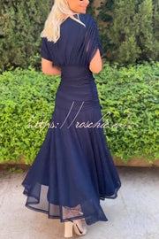 Printed V-Neck Waisted Mesh Maxi Dress for Vacation