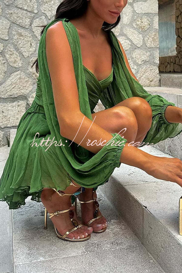 Chiffon Balloon Sleeve Mini Dress with V Neck & Back Lace-Up