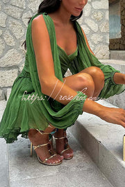 Chiffon Balloon Sleeve Mini Dress with V Neck & Back Lace-Up