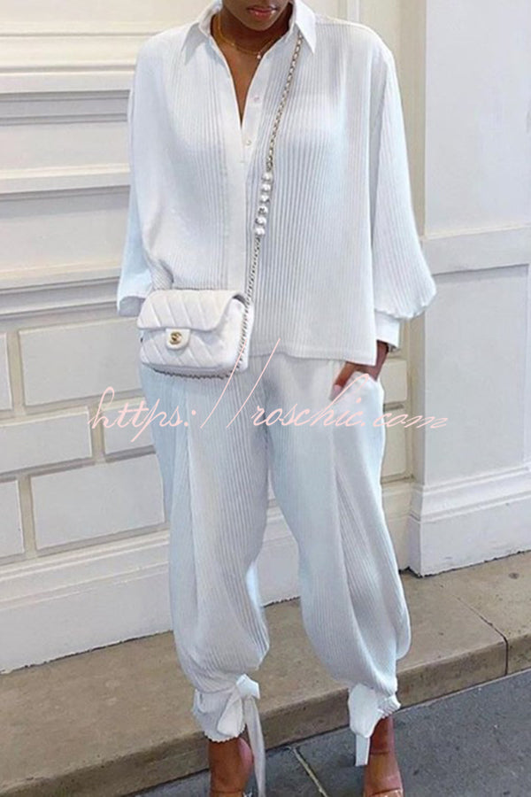 Cotton Blend Shirt Collar Top and Pant Set – Loose Fit