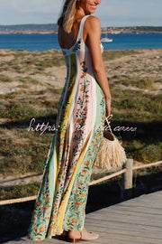 Robe longue florale en lin mélangé à blocs de couleurs – Col en cœur