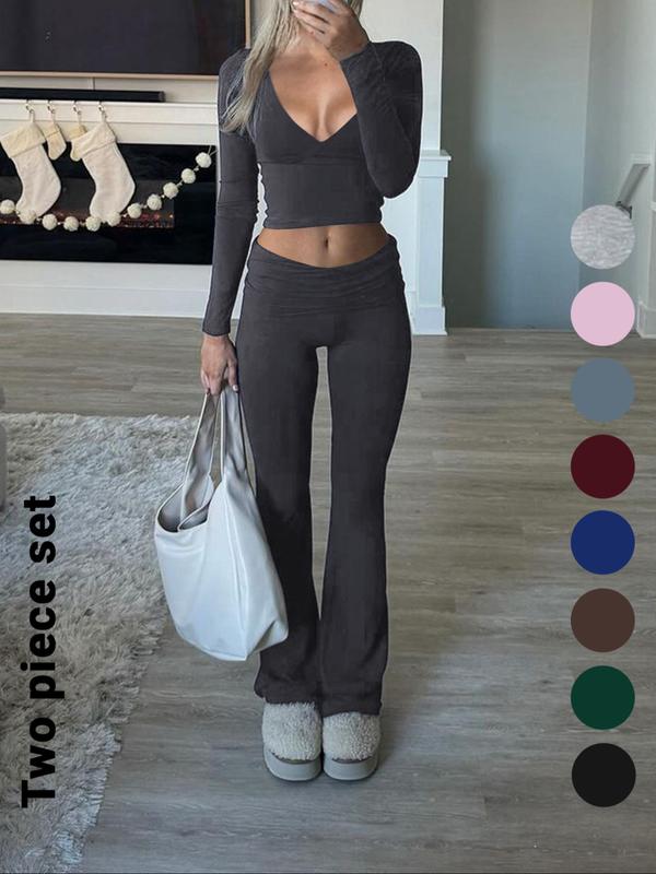 Slim-Fit V-Neck Crop Top & Pants Set