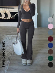 Slim-Fit V-Neck Crop Top & Pants Set