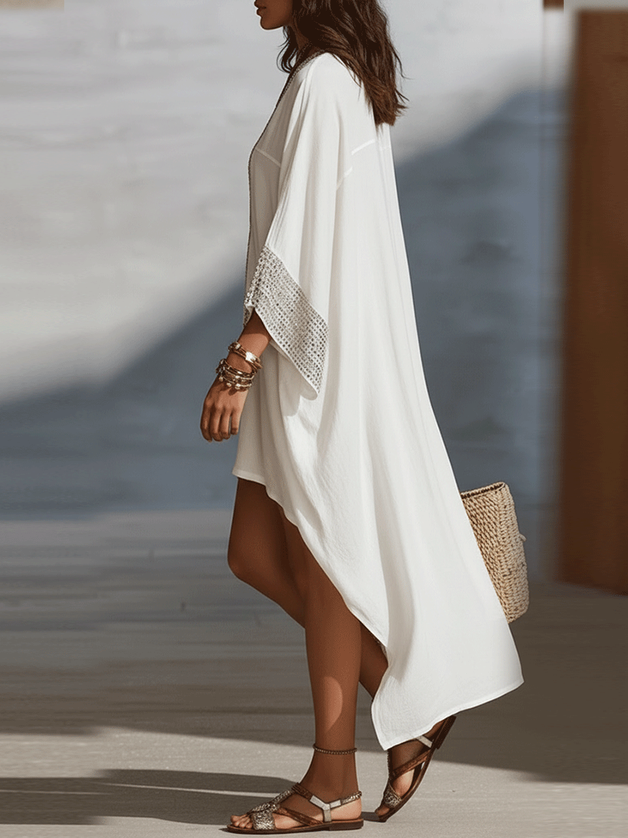 Ivory Boho Kaftan Midi Dress with V-Neck & Wide Sleeves