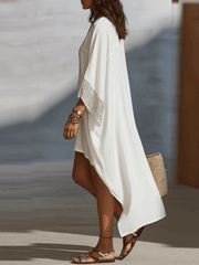 Ivory Boho Kaftan Midi Dress with V-Neck & Wide Sleeves