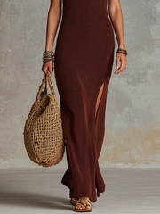 Ribbed Knit Halter Maxi Dress with Side Slit