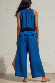 Linen Blend Sleeveless Ruffle Top & Wide-Leg Pants Set