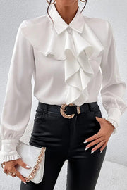 Ruffled Tiered Lapel Long-Sleeve Blouse | Loose Fit Office Top