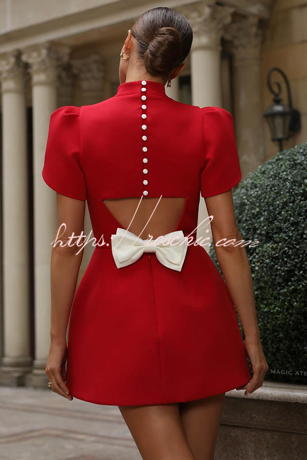 Backless Satin Bow Mini Dress with Slit Sleeves