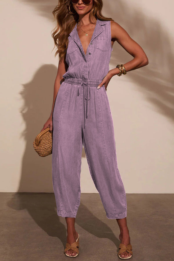 Women's Sleeveless Denim Jumpsuit with Elastic Waist & Pockets