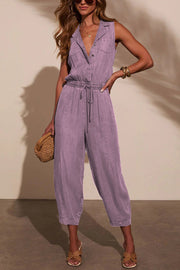 Women's Sleeveless Denim Jumpsuit with Elastic Waist & Pockets