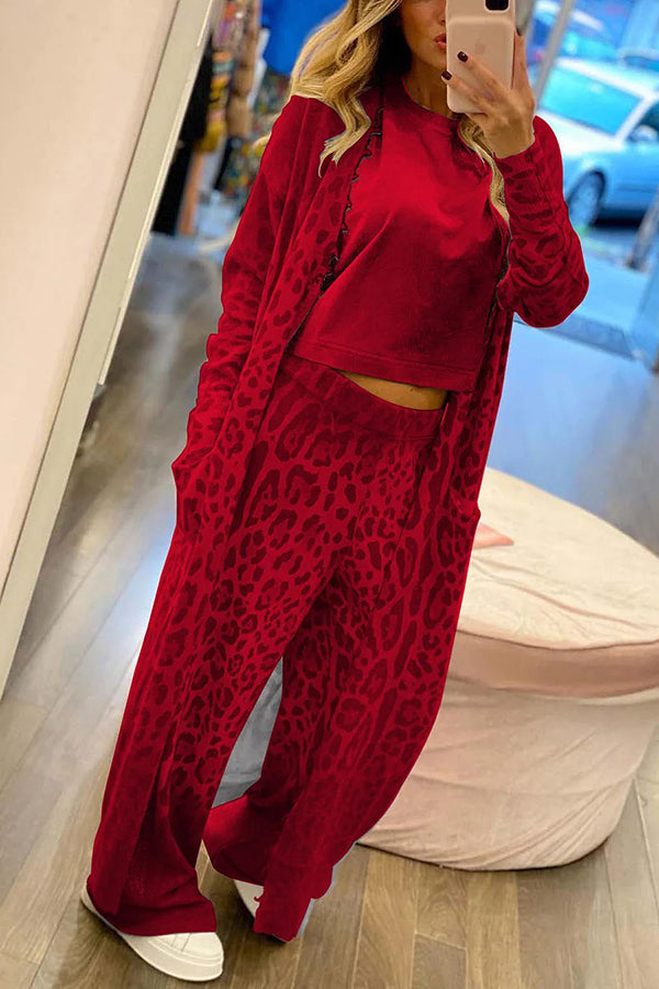 Leopard Print Cardigan & Elastic Waist Pants Lounge Set