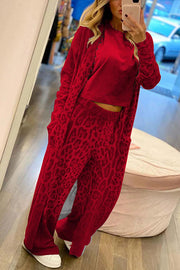 Leopard Print Cardigan & Elastic Waist Pants Lounge Set