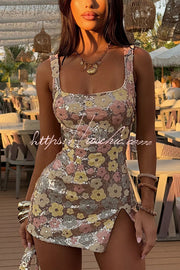 Sequined Floral Mini Dress – Square Neck Slim Fit Party Dress