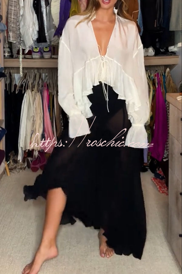 Chiffon Balloon Sleeve Tie-Up V-Neck Blouse | Boho Loose Fit