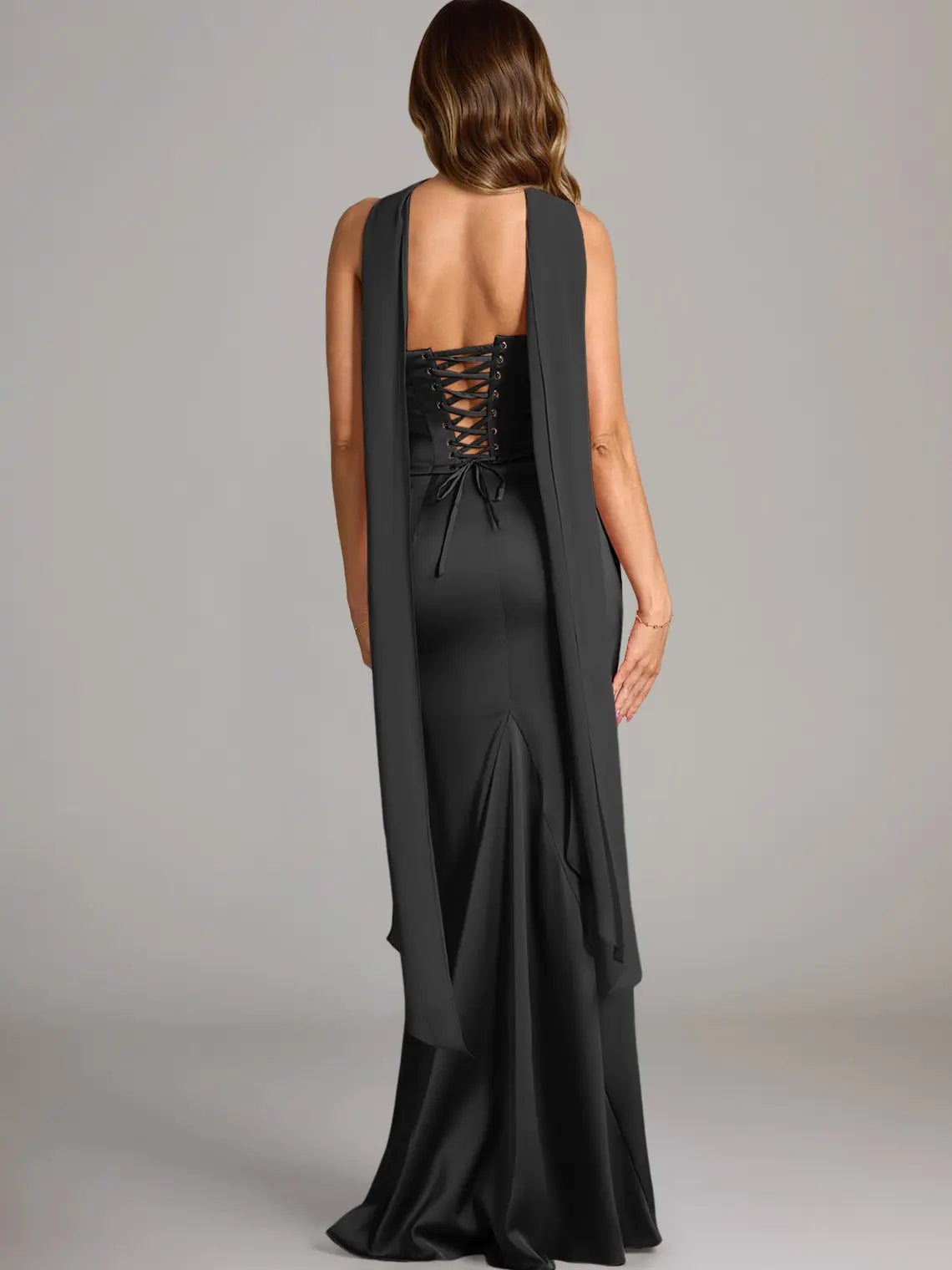 AZAZIE Sorrel Wedding Guest Gown for Women, 2-Piece Luminous Satin Mermaid Dress with Cowl Neck, Lace-up Corset Top & Chiffon Scarf, Gowns