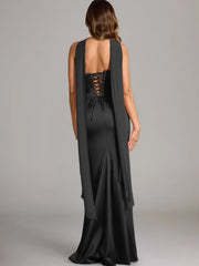 AZAZIE Sorrel Wedding Guest Gown for Women, 2-Piece Luminous Satin Mermaid Dress with Cowl Neck, Lace-up Corset Top & Chiffon Scarf, Gowns