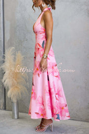 Floral Print Halter Neck Backless Maxi Dress