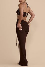Stretch Mesh Beaded Sweetheart Crop Halter Top