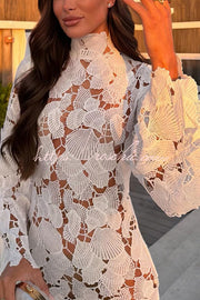 Crochet Lace High Neck Bell Sleeve Mini Dress