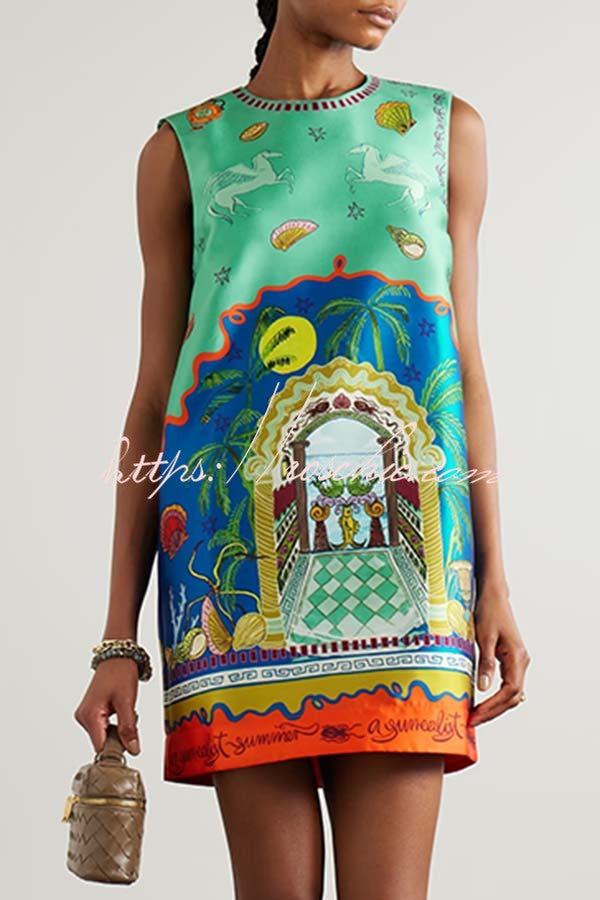 Satin Twill Surreal Summer Print Sleeveless Mini Dress