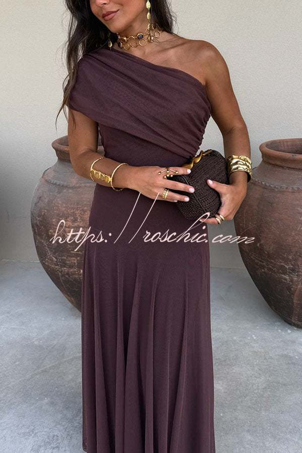 Mesh Ruched Strapless Flare Maxi Dress for Vacation & Party