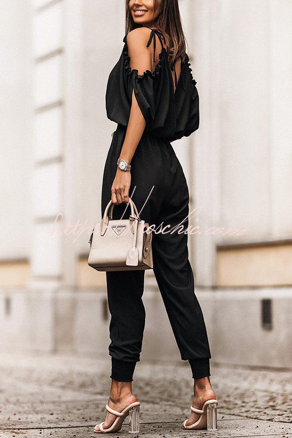 Ruffle Cold Shoulder Jumpsuit – Loose Fit Ankle Length