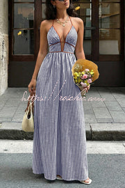 Striped V-Neck Sleeveless Backless Maxi Dress – Vacation