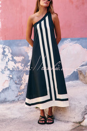 Striped One-Shoulder Midi Dress – Loose Fit Vacation Wear
