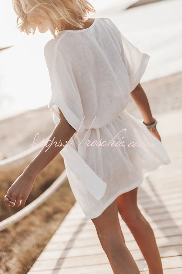 Cotton Linen Blend Kimono Mini Dress with Belt & Pockets