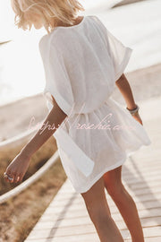 Cotton Linen Blend Kimono Mini Dress with Belt & Pockets
