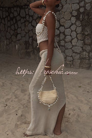 Crochet Knit Pearl Trim Sweetheart Crop Tank Top