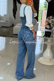 Women's Denim Square Neck Flare Jumpsuit – Smocked Back