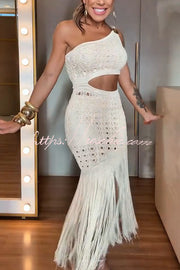 One Shoulder Knit Maxi Dress with Cutout Waist & Tassel Hem