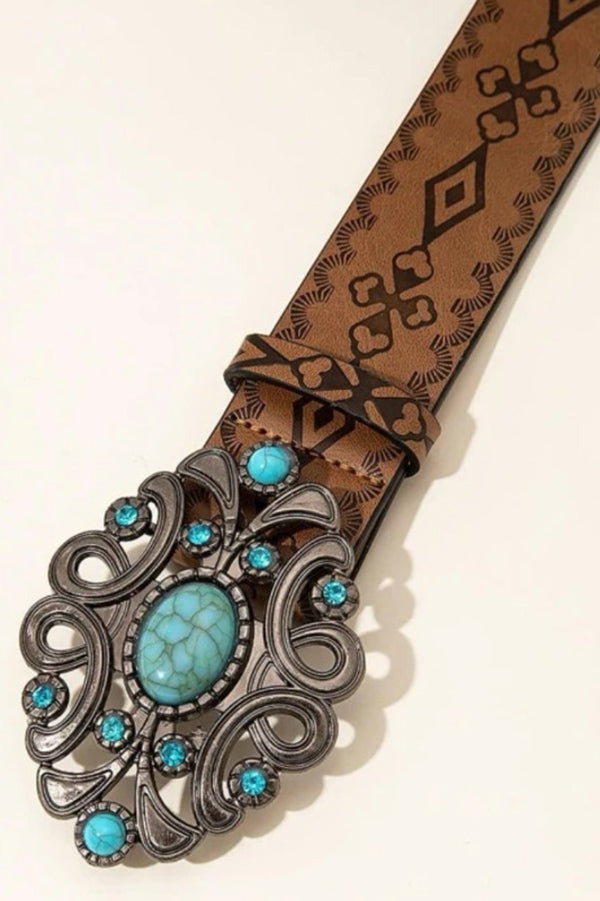Distressed Western Vintage Denim Belt with Embossed Buckle