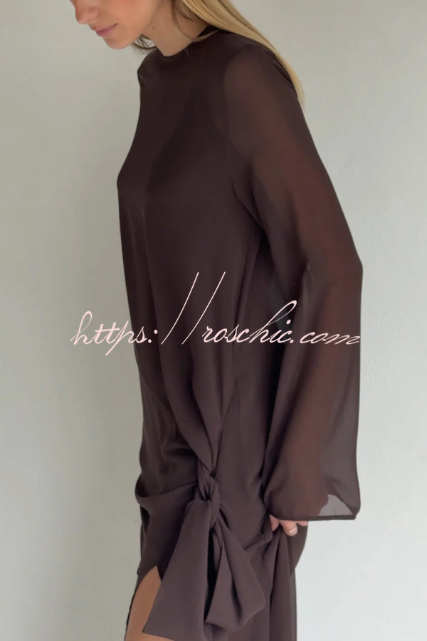 Mesh See-Through Maxi Dress with Tie Bow & Side Slit