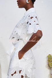 Floral Lace Cropped Shirt & Wide Leg Pants Set with Belt