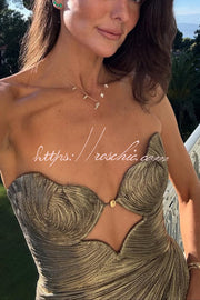Metallic Pleated Strapless Maxi Dress with Gold Pendant & Slit
