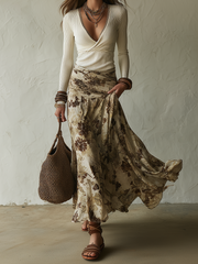 Cream Ribbed Wrap Top & Floral Maxi Skirt Set