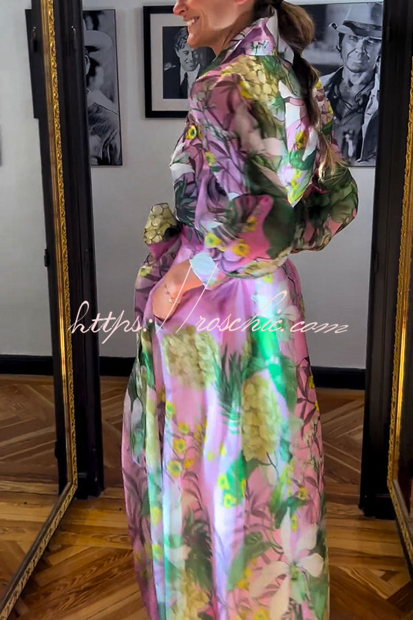 Tulle Floral Print Balloon Sleeve Blouse with Belt