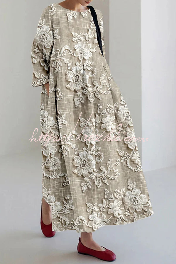 Robe Maxi Imprimée - Col Rond Manches Longues Coupe Ample