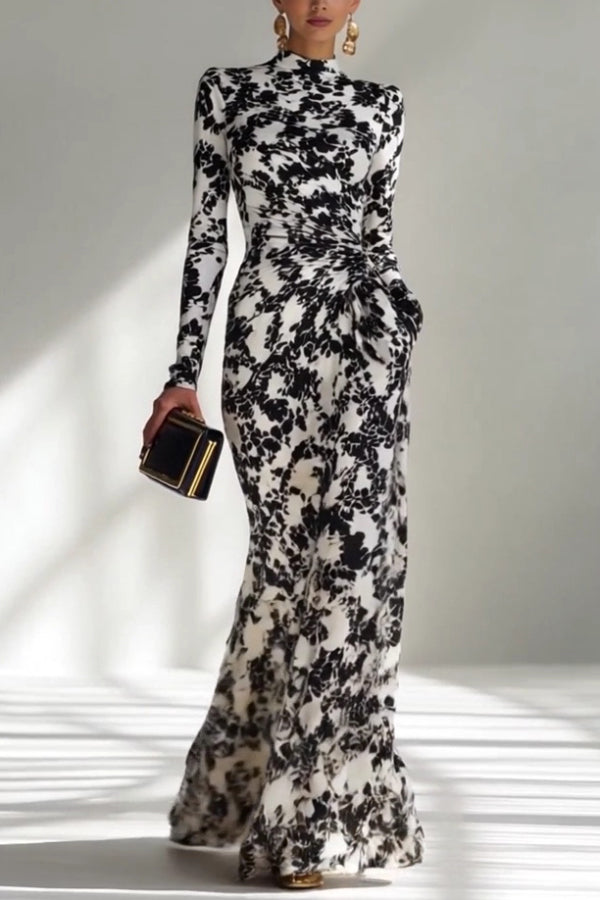 Black & White Printed Long-Sleeve Pleated Maxi Dress