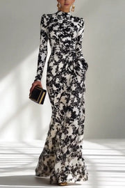 Black & White Printed Long-Sleeve Pleated Maxi Dress