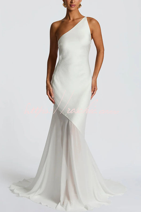 Satin One-Shoulder Maxi Dress with Chiffon Fishtail Hem