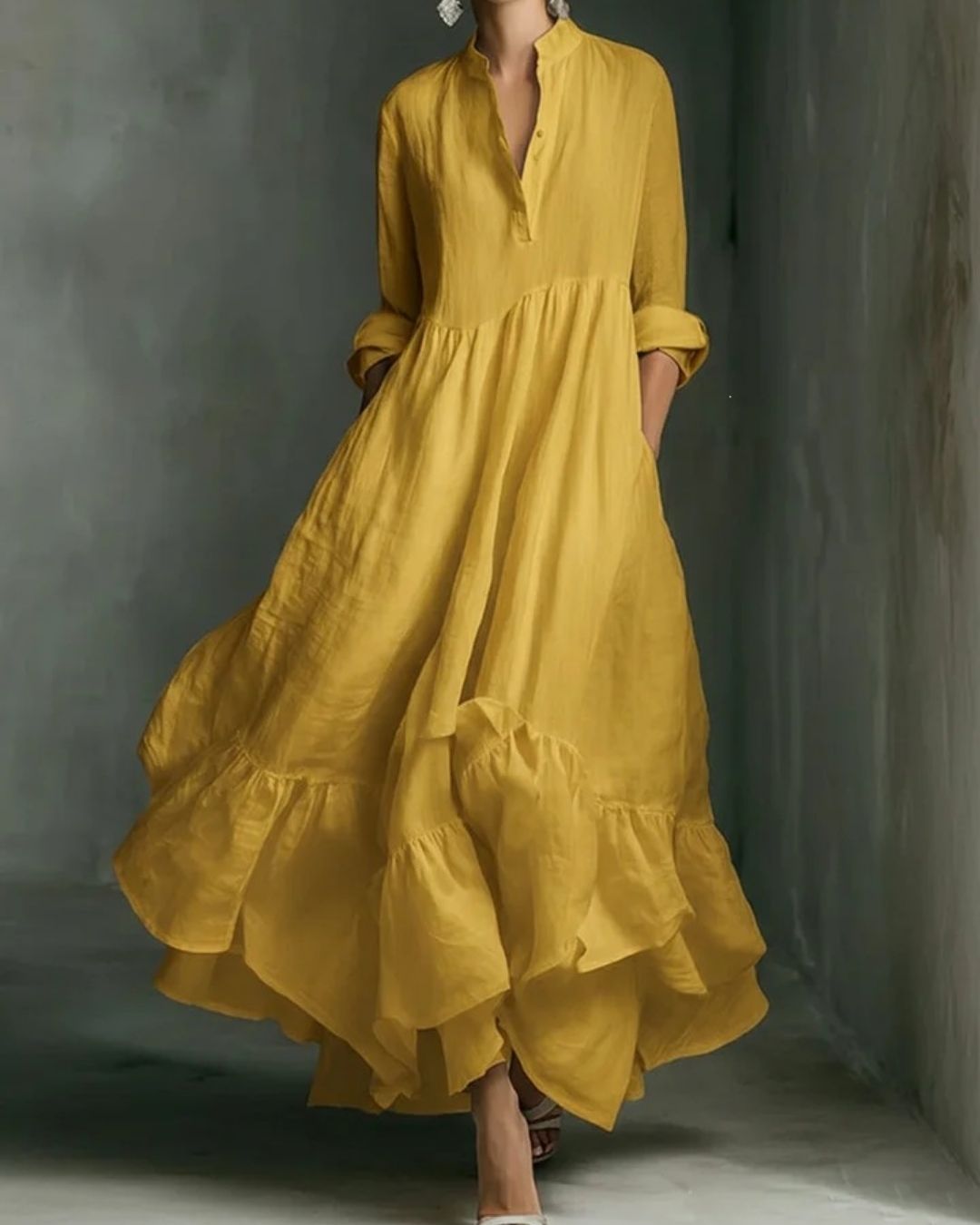Pleated Bell-Sleeve Maxi Dress