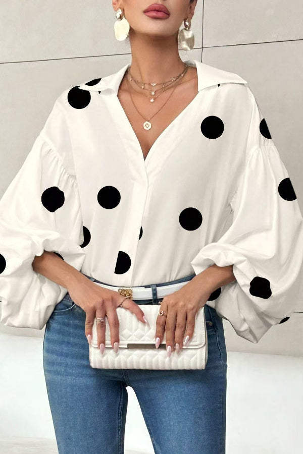Polka Dot Puff Sleeve Collared Loose Blouse