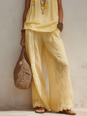 Butter Yellow Lace Hem Wide-Leg Pants Set | Resort Wear