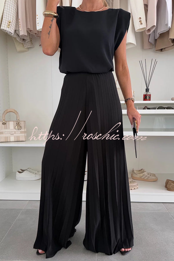 Ensemble pantalon large sans manches pour femme avec haut plissé